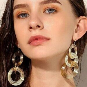 YienDoo Long 70S Disco Statement Earrings Vintage Gold Multi-layer Hoop Drop Hoo